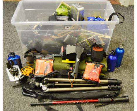 Camping accessories - a Gerber/Fiskars camping axe and pouch; a micro water resistant head torch; a Lifesystems Superlight EX