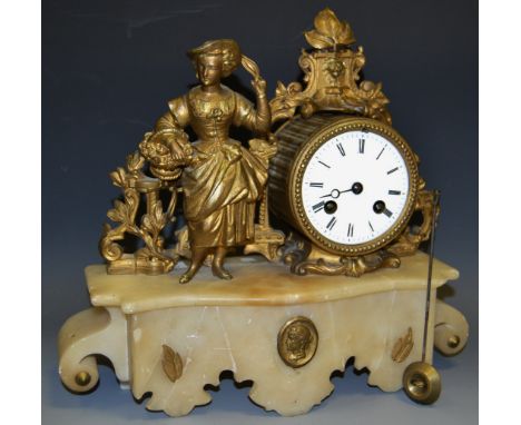 A gilt metal and alabaster mantel clock.