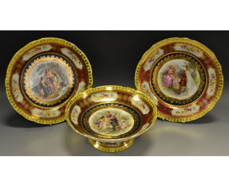 A Vienna style pair of cabinet plates and tazza c.1900