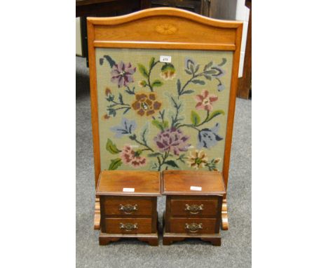 An early 20th century firescreen, tapestry banner, c.1920; two side drawers, c.1890 (3)