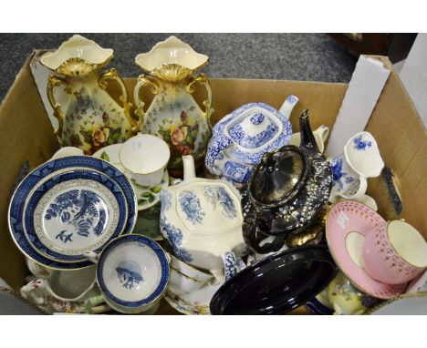 Ceramics - a Booths Real Old Willow cup and saucer;  Jackfield teapot;  others Spode Italian etc