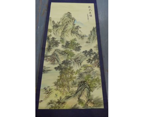 A Chinese watercolour scroll of a landscape of waterfall and hillside village and waterfall.