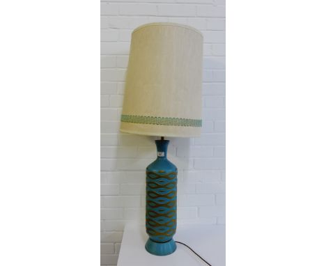 A retro blue and gold painted metal table lamp base with retro shade, 56cm high excluding fitting 