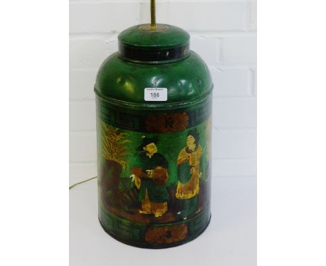 A green tole ware Chinoiserie patterned lamp, 40cm high, excluding light fitting