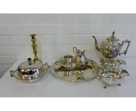 A quantity of Epns wares to include a coffee pot, muffin dish, pair of sauceboats, tray, Christening cup and knop stemmed bra