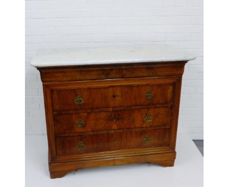 A marble topped walnut chest, fitted three drawers, on bracket plinth base, 36 x 115cm 