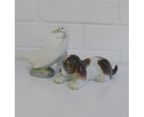 A Lladro figure of a Dog, together with a Nao Goose, (2) 