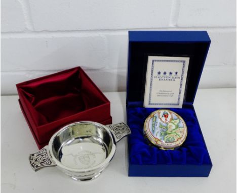 A Halcyon days 'Drambuie' enamel box, together with a pewter quaich, both boxed, (2) 