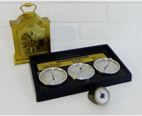 A mixed lot to include a vintage weather station, a brass mantle clock and a hardstone cased thermometer, (3) 