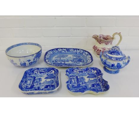 A collection of Staffordshire blue and white pottery to include a Spode small circular tureen and cover, two Spode blue Itali