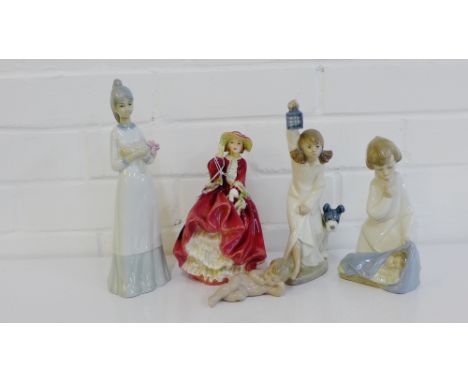 Porcelain figures to include Royal Doulton 'Top O' the Hill' (a/f), a Lladro Angel, two Nao figures and another Spanish porce