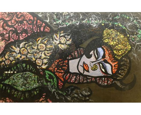 Stanley Lench (British 1934-2000): Portrait of Girl with Headdress, gouache signed and dated '58, 100cm x 64cmClick here to v
