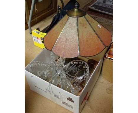 A table lamp with glass shade, and a ceiling light 