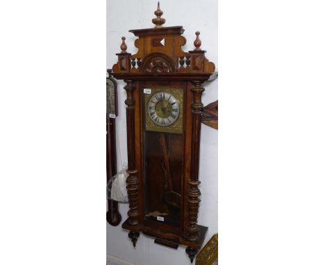 A Victorian walnut-cased Vienna regulator wall clock, with 2-train movement, L123cm 