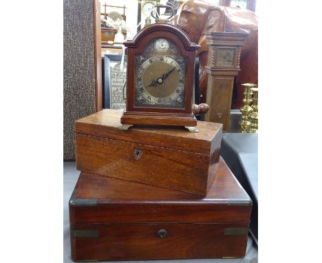 An Elliott mantel clock, an oak box, and a mahogany box with inset brass handle, length 11.75" 