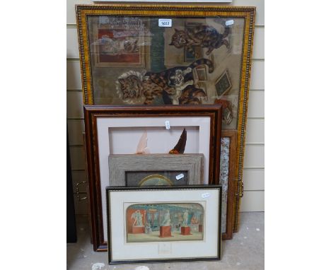 Various pictures and prints, including Louis Wain, and ostrich feathers (5) 