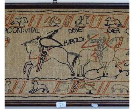 An embroidered hanging panel depicting a scene from the Bayeux Tapestry, length 47" overall 