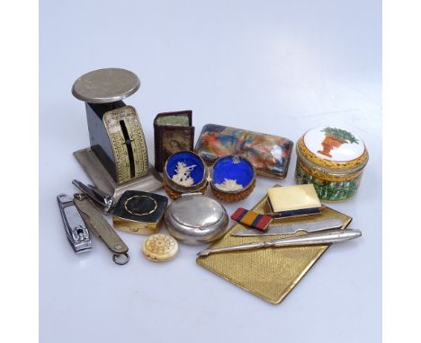 A carved nut box, pocket knives, a trinket box and scale 