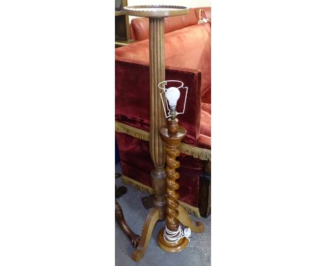 A mahogany fluted torchere stand, on reeded tripod legs, H127cm, and a mahogany barley twist standard lamp, height not includ