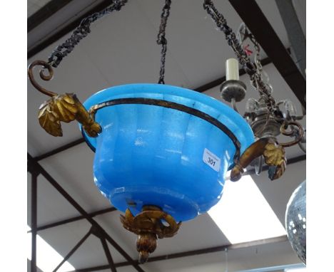 A Vintage gilt-metal ceiling light fitting with blue glass bowl, height approx 27" 