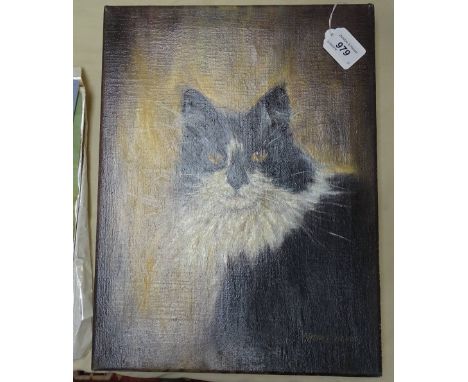 Anthony Hedges, oil on canvas, cat portrait, unframed, together with a street scene by the same hand, 16" x 12" (2) 
