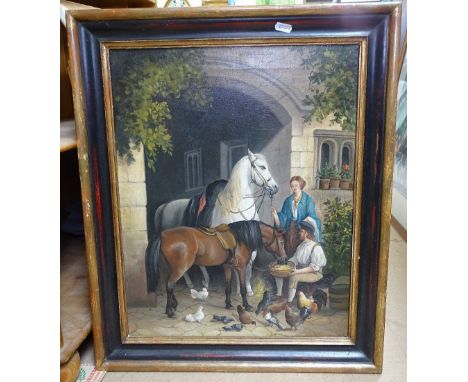 Coloured oleograph, Parisian street scene, and coloured print, feeding the horses (2) 