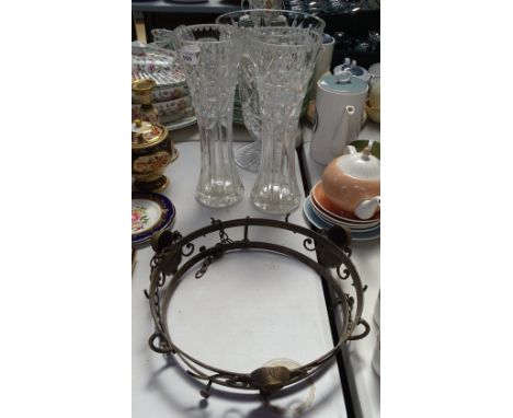A pair of glass vases, 12.25", and another, and a cast-brass ceiling light frame 