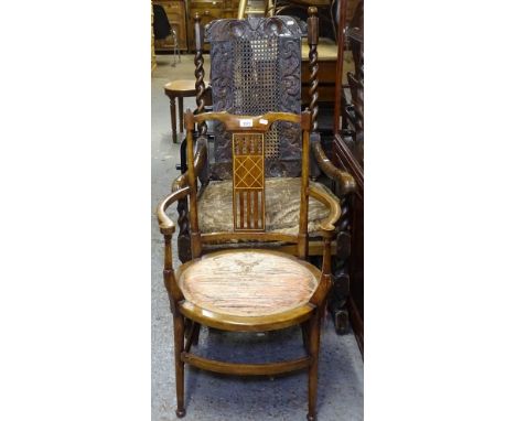 An oak barley twist elbow-chair, and an Edwardian bow-arm chair 