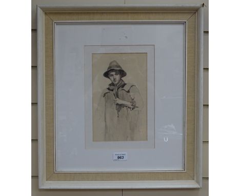 Agnes Cazalet, monochrome watercolour, portrait of a man, signed verso, 10" x 6", framed 