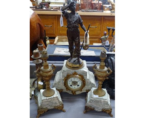 A Continental gilt-metal mounted mantel clock garniture, surmounted by a spelter figure, height 20.25" 