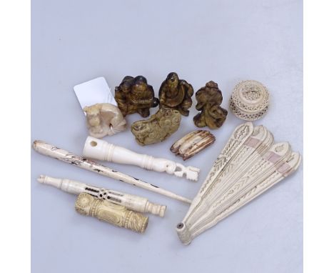 A group of Chinese ivory and composition items, including carved ivory box, 3.5cm across, carved ivory seal handle, a pierced