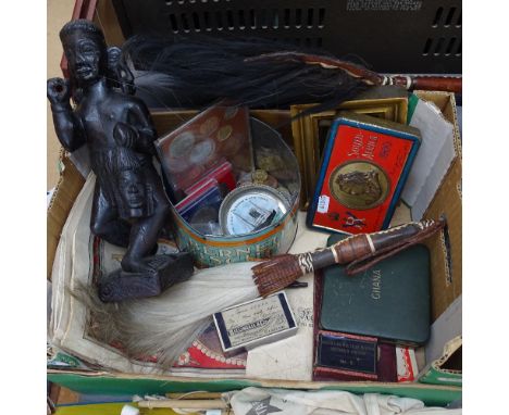 A wax portrait, tins, Ethnic items etc 
