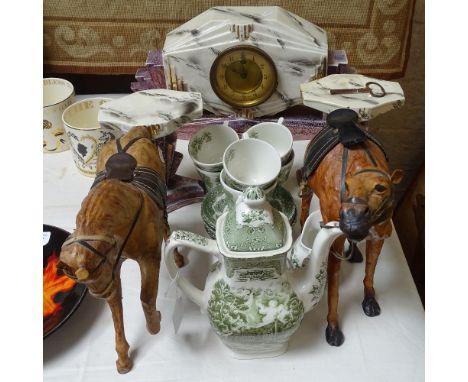 Art Deco clock garniture, Grindley's coffee service, a leather camel and horse 