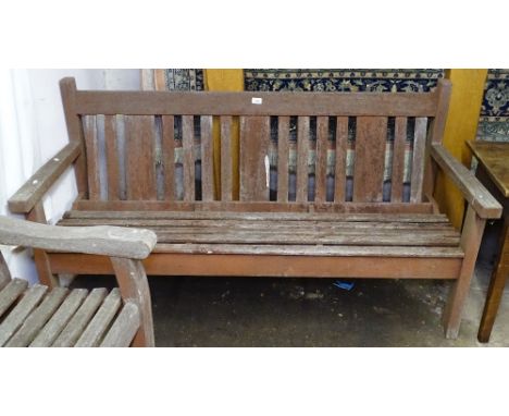 A weathered teak slatted garden bench, L158cm 