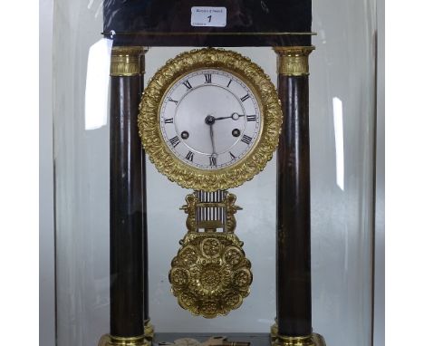 An ebonised and gilt-metal 4-pillar bracket clock, height 21.5", under glass dome, with bracket 