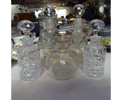 2 pairs of cut-glass decanters, an Antique gilded glass flask and stopper, height 5.75", a jug, and 3 bowls 