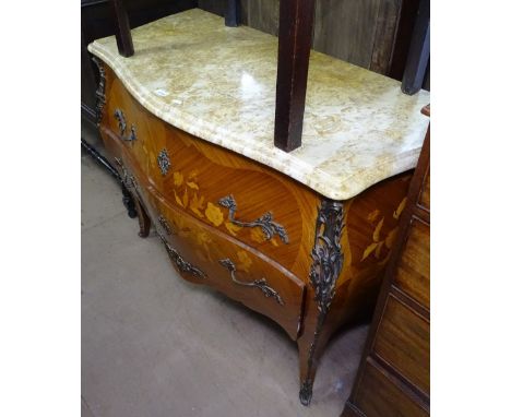 A Continental marble-top walnut and kingwood bombe commode, with floral inlaid marquetry decoration, 2 long drawers and appli