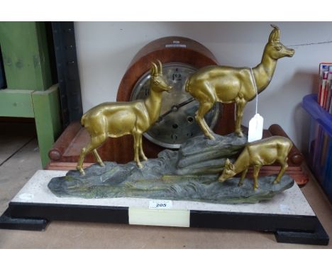 A Continental marble stand surmounted by patinated spelter mountain goats, length 21", and a mantel clock 