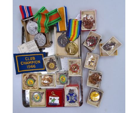 First and Second World War medals, a Rifle Association badge etc