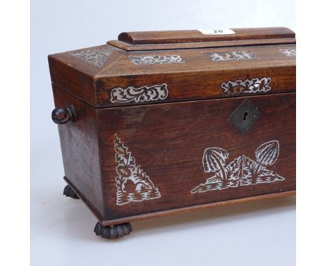 A sarcophagus tea caddy with inlaid mother-of-pearl decoration, length 12.5" 