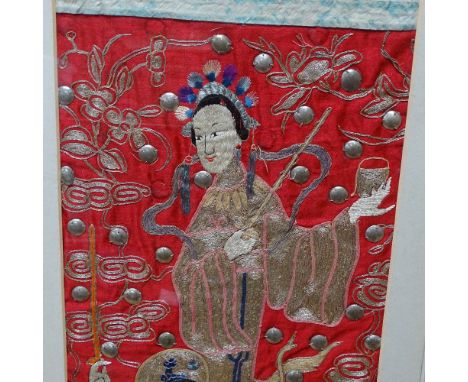 Eastern framed embroidered silk panel with gold thread decoration, height 41.5" overall 