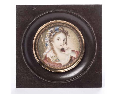 UNUSUAL REGENCY PORTRAIT MINIATURE
depicting a young women wearing an elaborate headscarf, painted on an ivory oval, one clea