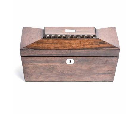 VICTORIAN ROSEWOOD SARCOPHAGUS SHAPED TEA CADDY 
with mother of pearl inlay to the hinged lid and escutcheon, opening to reve