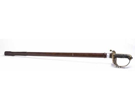 19TH CENTURY OFFICER'S DRESS SWORD
with etched blade and pierced brass hilt, with bound shagreen handle, in a leather scabbar