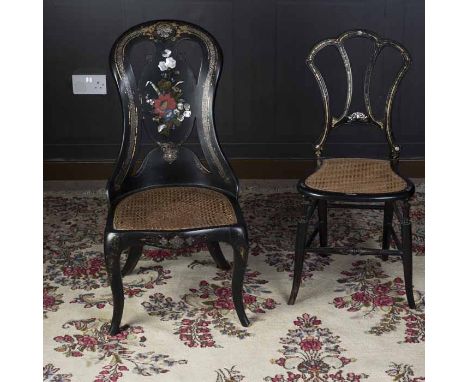 VICTORIAN PAPIER MACHE BEDROOM CHAIR
the shaped back inlaid with mother of pearl and painted with flowerheads, with cane seat