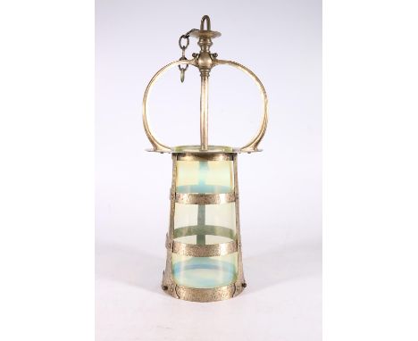 Art Nouveau style hammered white metal ceiling lantern with tapering circular Vaseline glass shade, 50cm tall overall. Severa