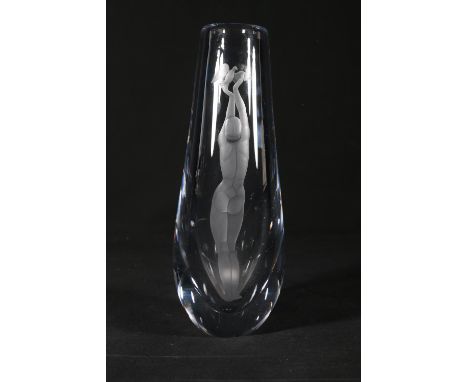 Vicke Lindstrand for Orrefors etched glass Peace vase, #1647, signed to base, 27.5cm. Appears to be in good order with no evi