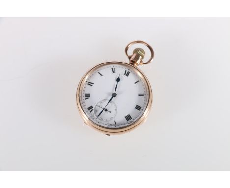 9ct gold open-face pocketwatch, the white enamel dial with subsidiary seconds dial, stamped 9 and 375, 74.9g gross. Case diam