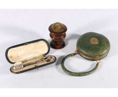 A group of Victorian and Edwardian sewing items including an etui in the form of an expanding 'compact' handbag containing fo