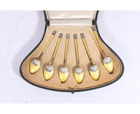 Art Deco period Danish style set of six silver gilt and enamel coffee spoons, makers mark HJH for Henry James Hulbert, in Sor
